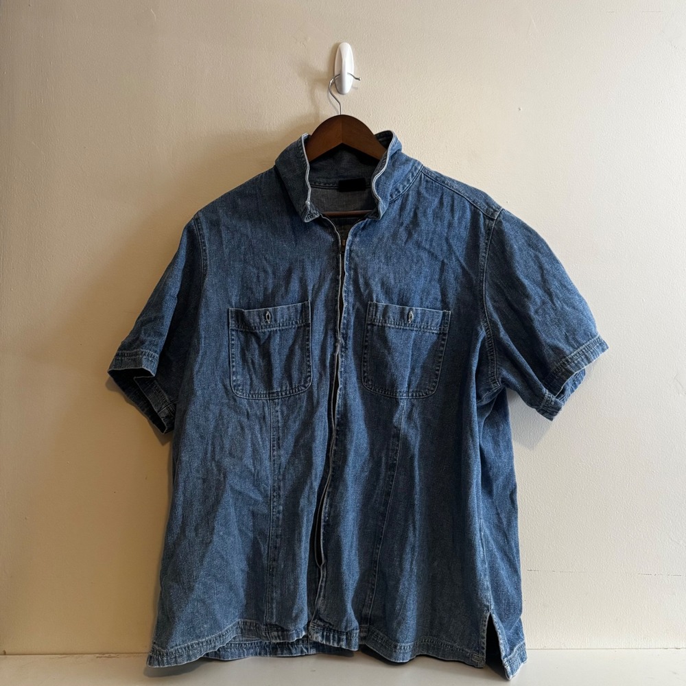 VTG Sonoma Women's Sz 1X Blue Denim Zip Up Short Sleeve Top Cotton Western Fall